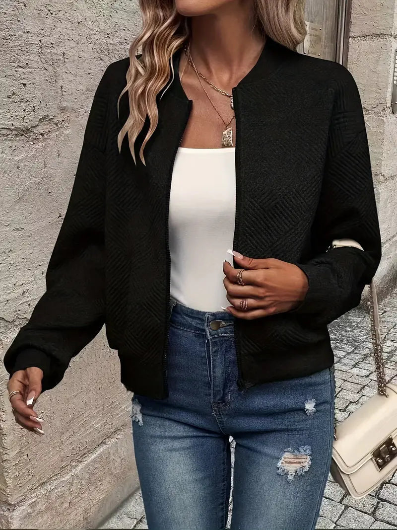 Women's Zip-Up Textured Knit Bomber Jacket