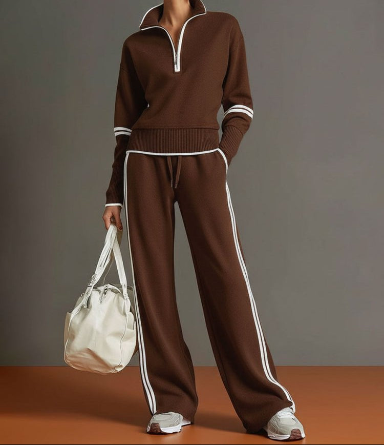 Half-Zip Loungewear Set With Wide Leg Trousers