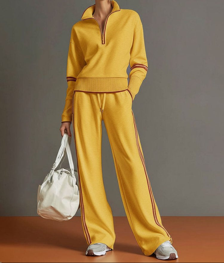 Half-Zip Loungewear Set With Wide Leg Trousers