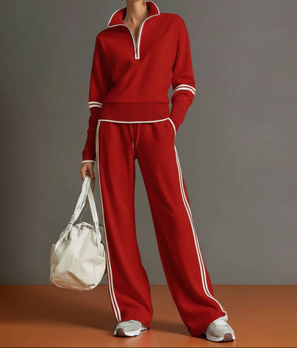 Half-Zip Loungewear Set With Wide Leg Trousers
