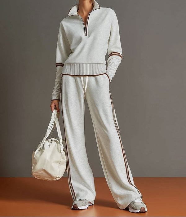 Half-Zip Loungewear Set With Wide Leg Trousers