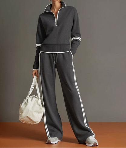Half-Zip Loungewear Set With Wide Leg Trousers