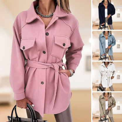 Women's Belted Shirt Jacket With Chest Pockets