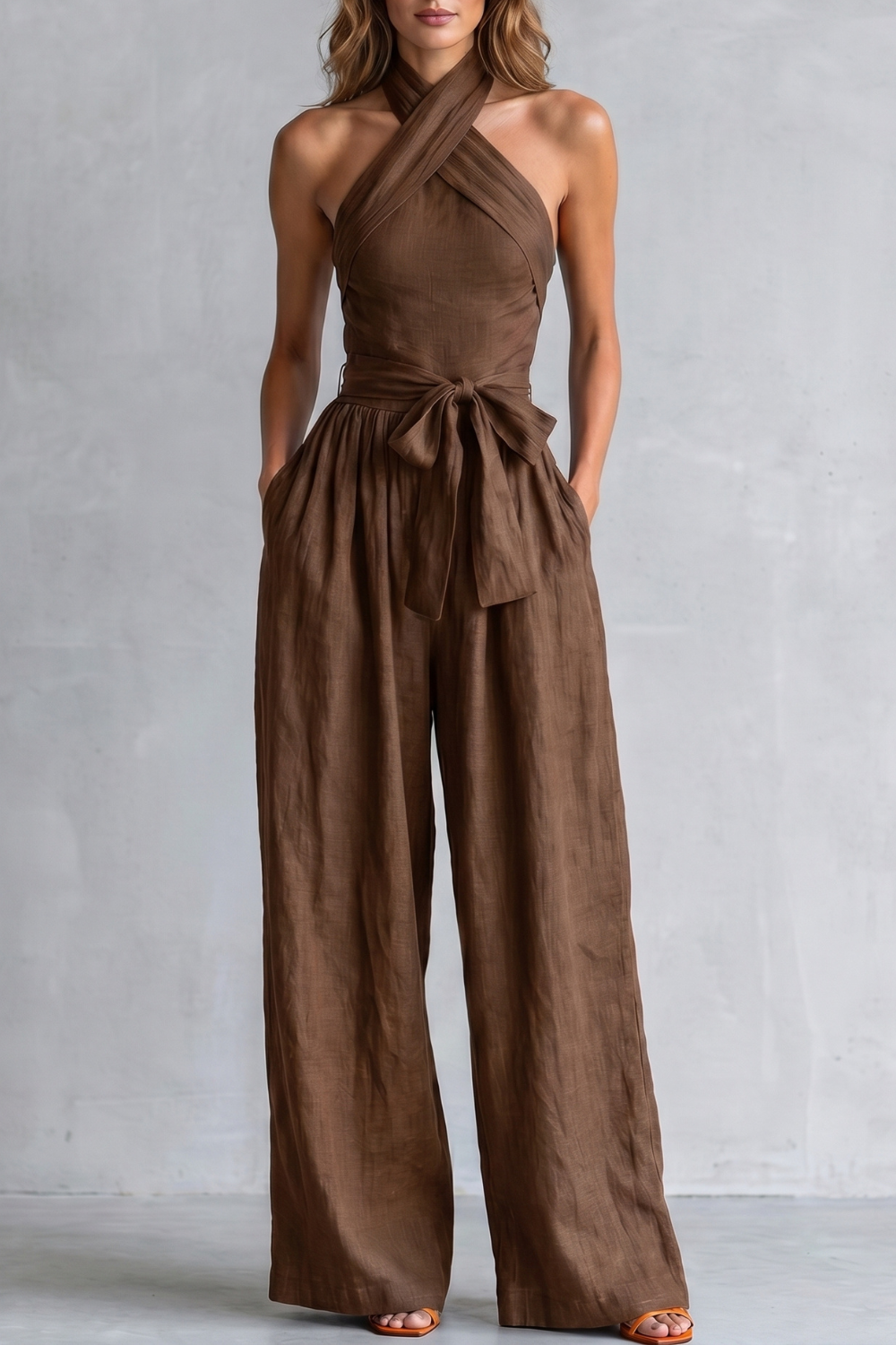 Women's Cross Halter Neck Wide Leg Jumpsuit With Pockets