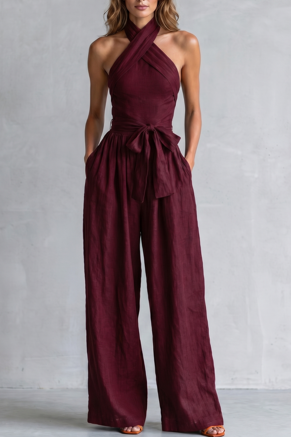 Women's Cross Halter Neck Wide Leg Jumpsuit With Pockets
