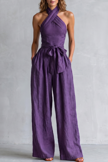 Women's Cross Halter Neck Wide Leg Jumpsuit With Pockets