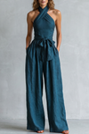 Women's Cross Halter Neck Wide Leg Jumpsuit With Pockets