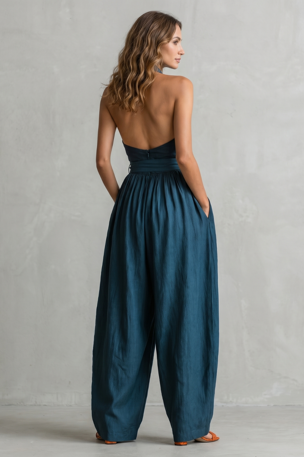 Women's Cross Halter Neck Wide Leg Jumpsuit With Pockets