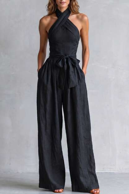 Women's Cross Halter Neck Wide Leg Jumpsuit With Pockets