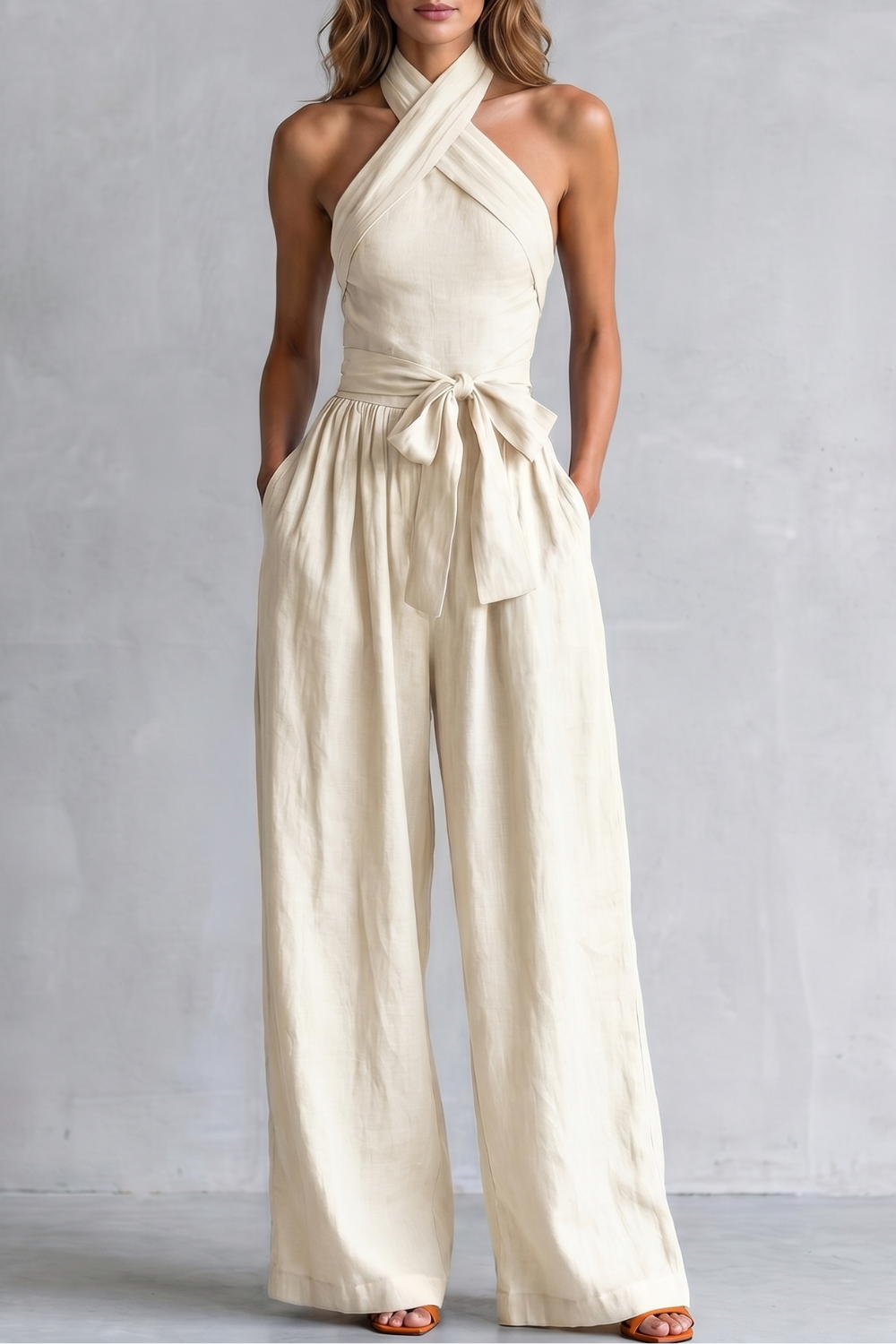 Women's Cross Halter Neck Wide Leg Jumpsuit With Pockets