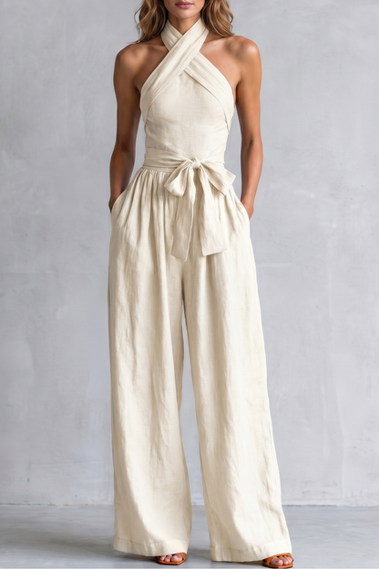 Women's Cross Halter Neck Wide Leg Jumpsuit With Pockets