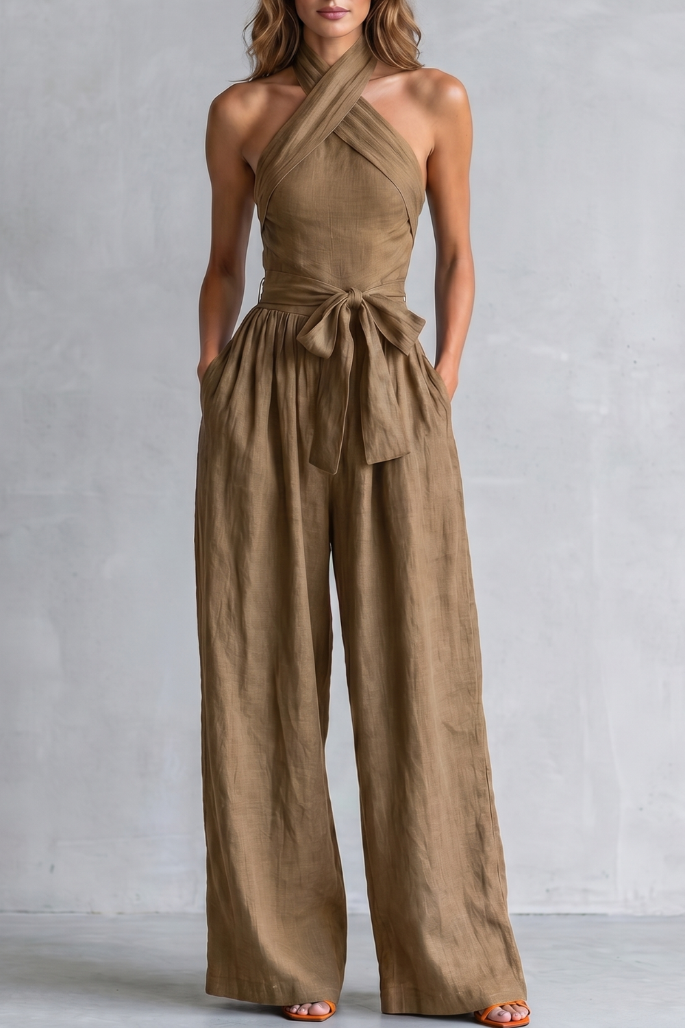 Women's Cross Halter Neck Wide Leg Jumpsuit With Pockets