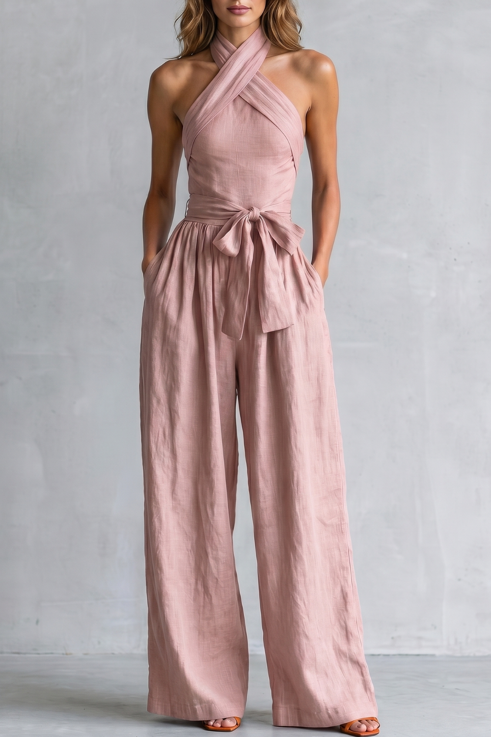 Women's Cross Halter Neck Wide Leg Jumpsuit With Pockets