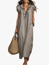 Ruffle V Neck Short Sleeve Maxi Dress With Pockets