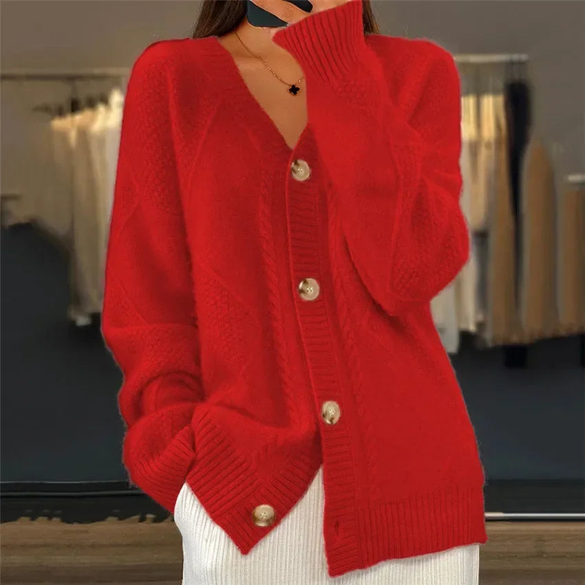 Women's V Neck Knit Cardigan With Button Detail