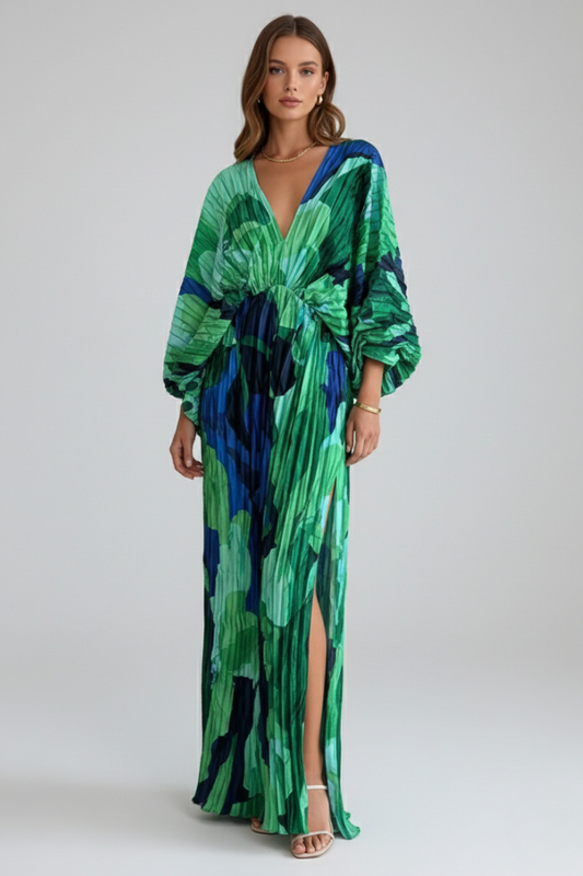 Women’s Long Pleated Dress with V Neck and Loose Sleeves