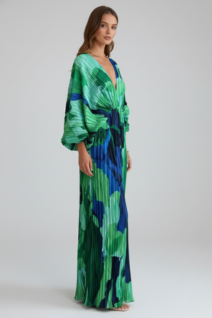 Women’s Long Pleated Dress with V Neck and Loose Sleeves