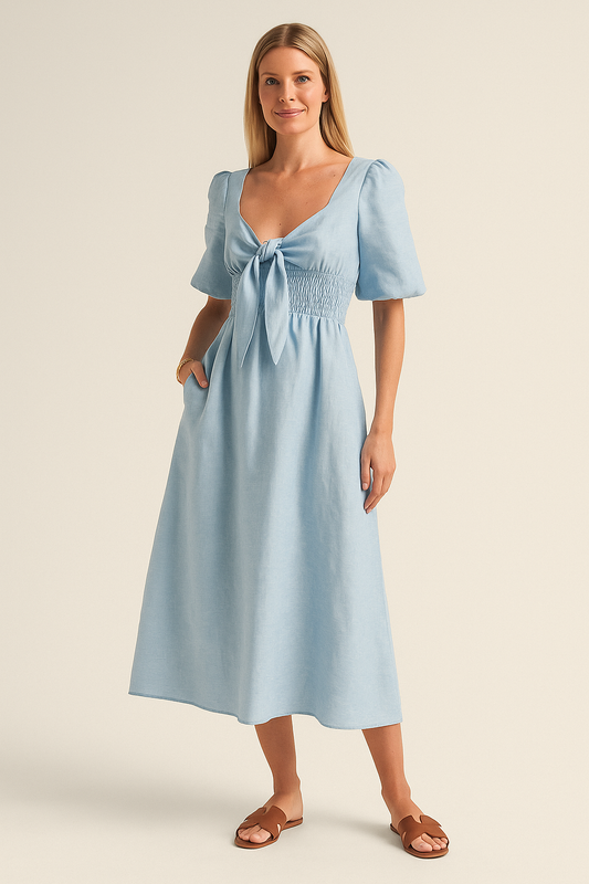 V-Neck Short Sleeve Midi Dress in Linen-Cotton Blend with Waist Tie