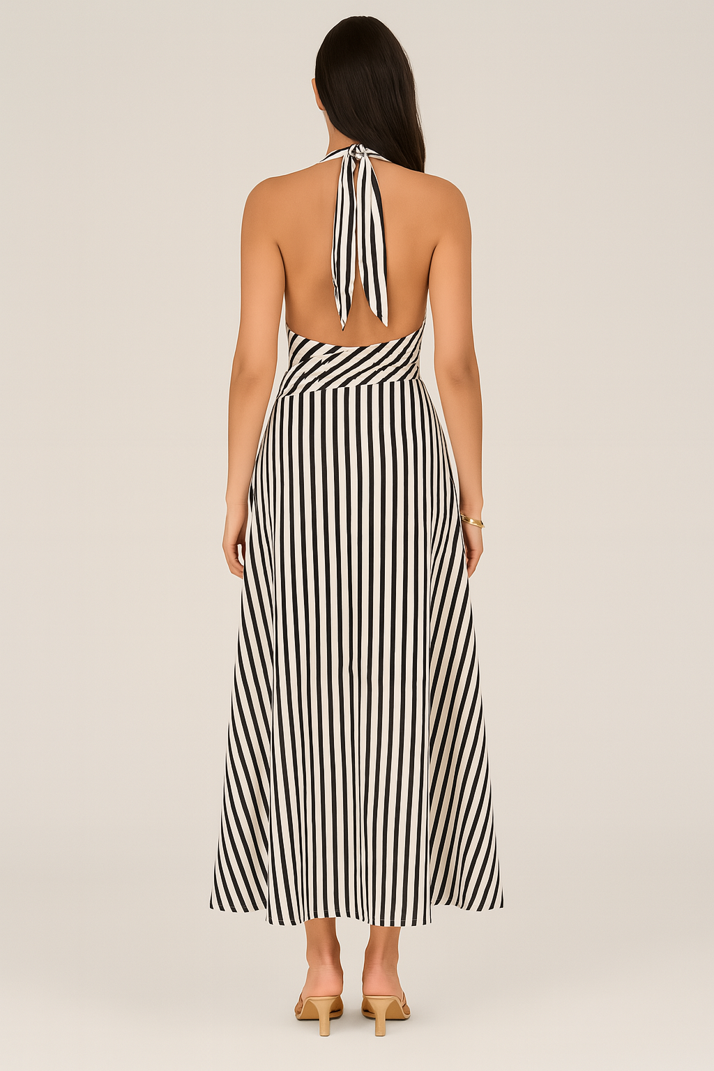 Striped Maxi Dress – Backless, Knotted Halter Neck, With Pockets