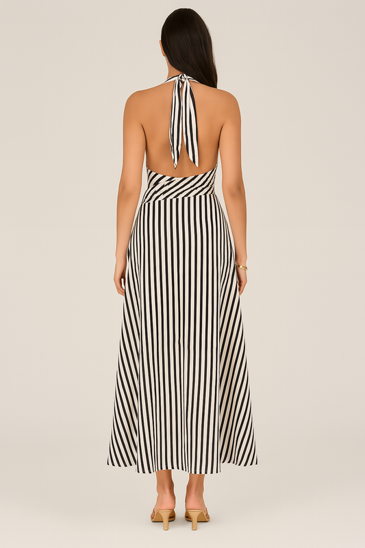 Striped Maxi Dress – Backless, Knotted Halter Neck, With Pockets