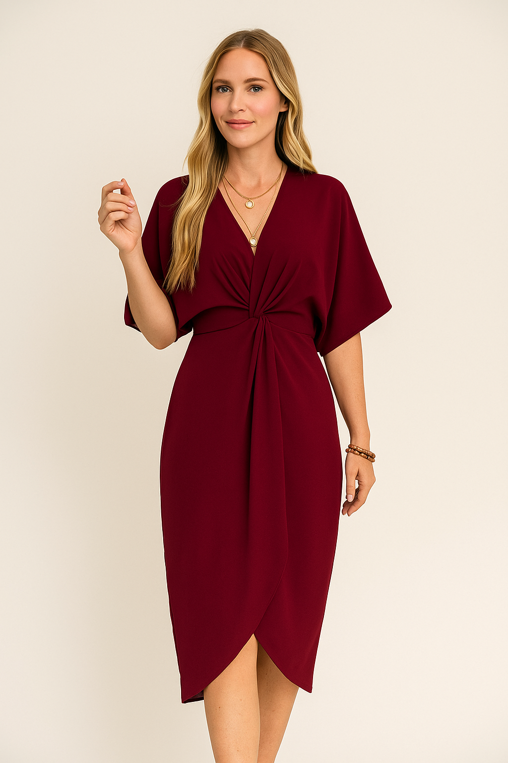 Elegant V-Neck Wrap Midi Dress – Adjustable Fit with Classic Silhouette