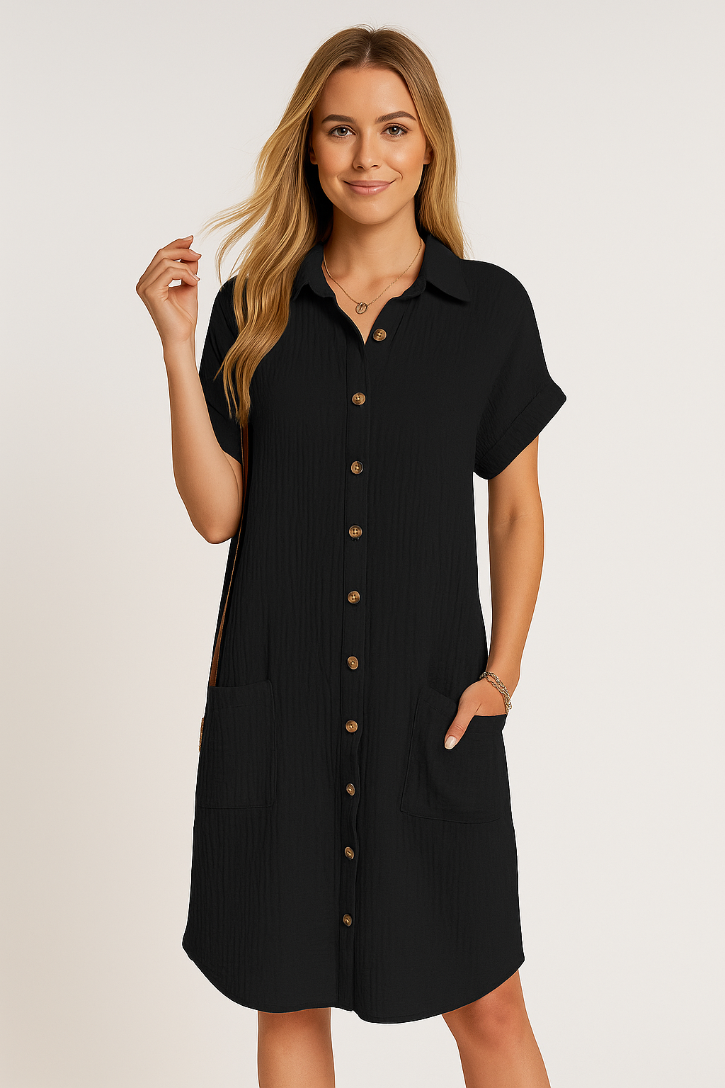 Long V-Neck Blouse – Button-Down Shirt Dress with Pockets