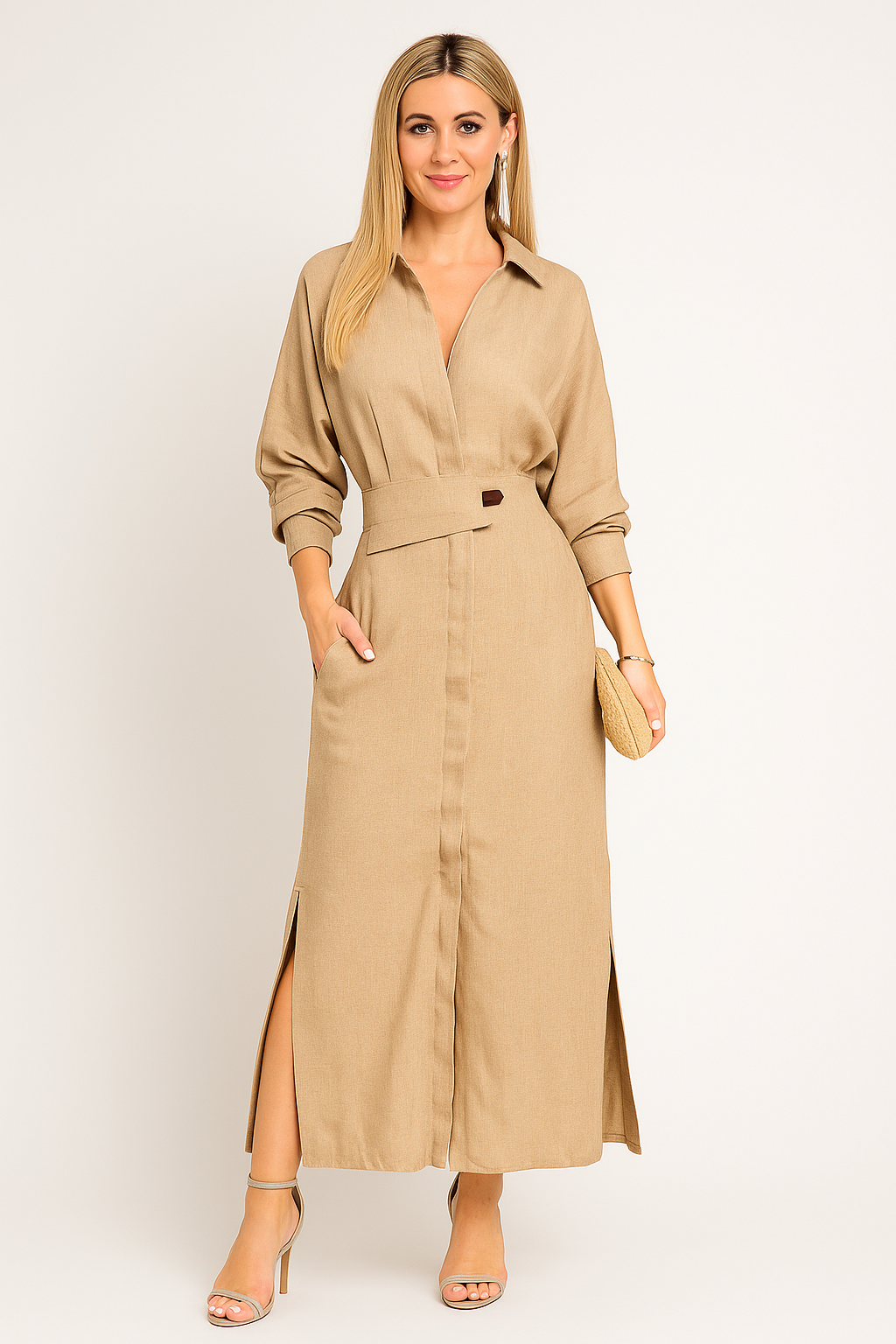 Chic Linen Blend Maxi Dress – Button Down & Belted