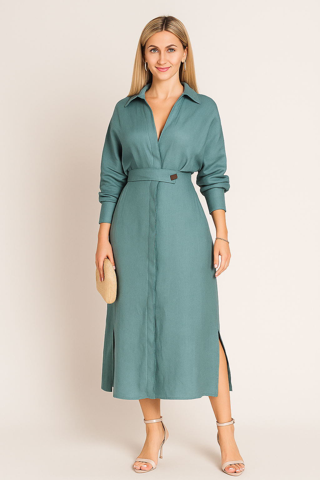 Chic Linen Blend Maxi Dress – Button Down & Belted