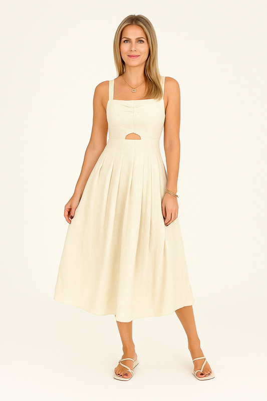 Linen Blend Midi Sundress – A-Line Fit with Cut-Out Waist