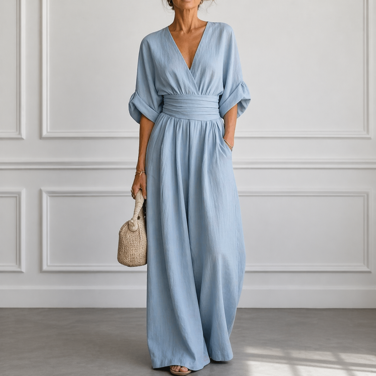 Wide Sleeve V Neck Jumpsuit With Cinched W