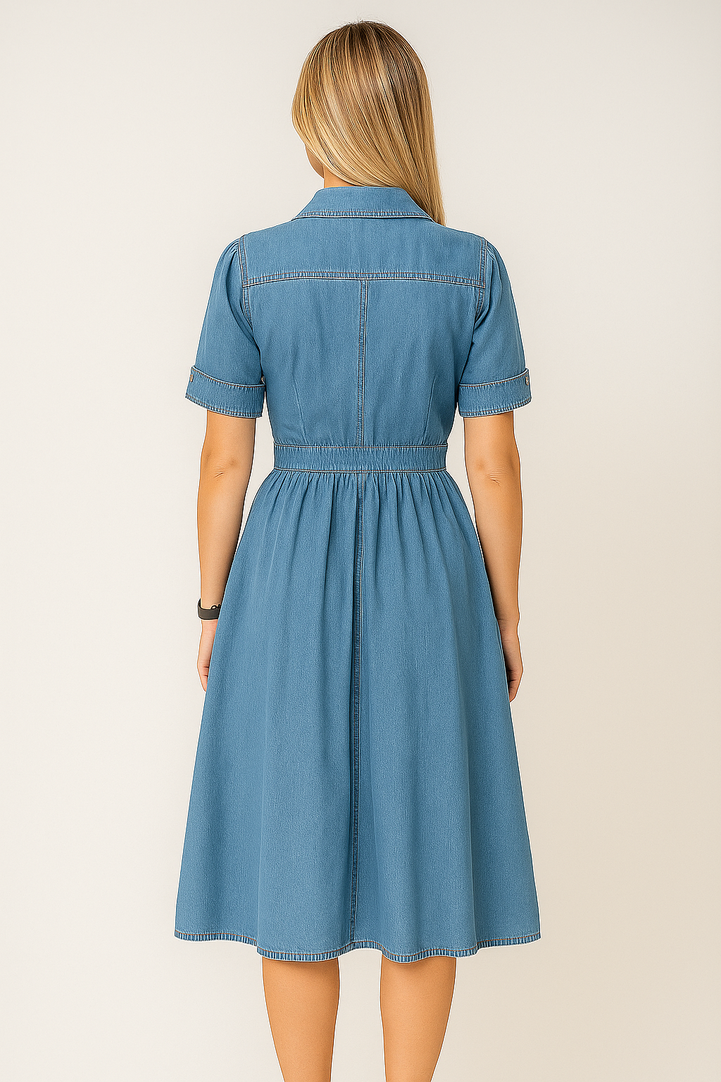 Denim Shirt Dress – Button Front, Pockets, Waist-Defined Fit