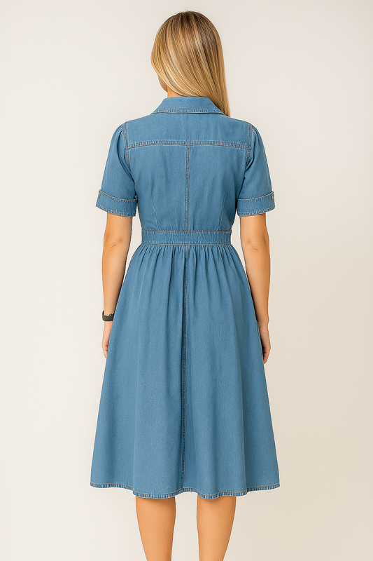 Denim Shirt Dress – Button Front, Pockets, Waist-Defined Fit