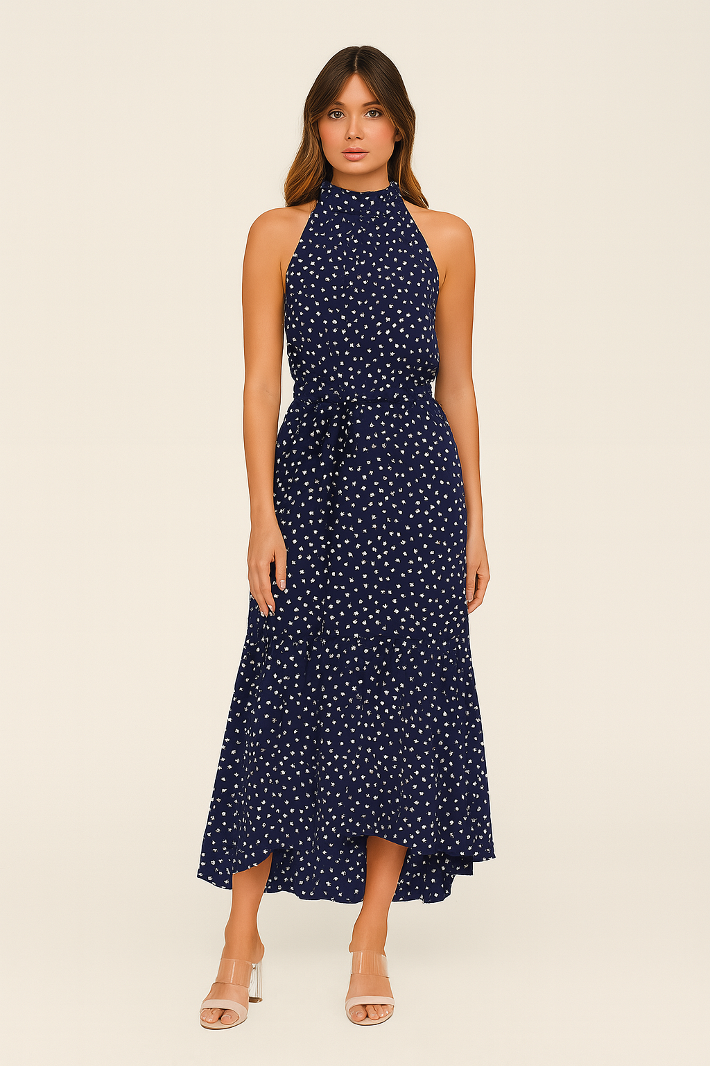 Polka Dot Halter Midi Dress – Fit-and-Flare, Waist Tie