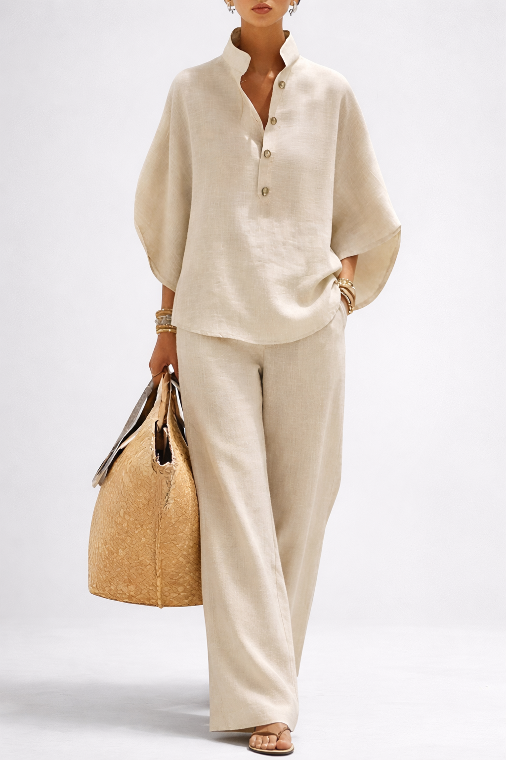 Collared Top and Wide Leg Trousers Two-Piece Set