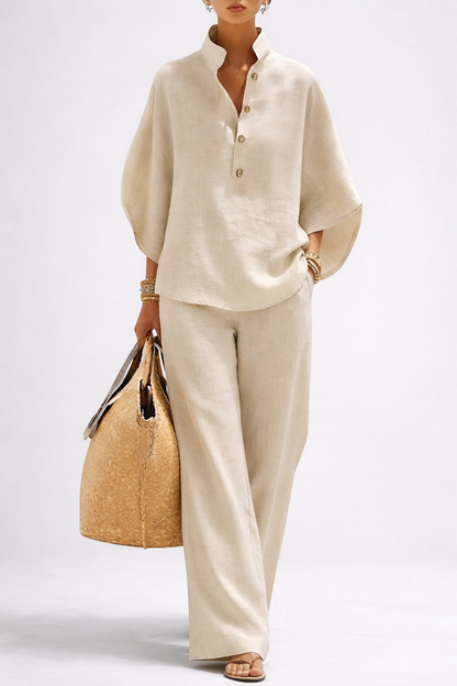 Collared Top and Wide Leg Trousers Two-Piece Set