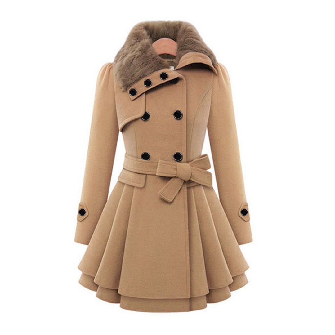 Women's Double Breasted Flared Coat With Faux Fur Collar
