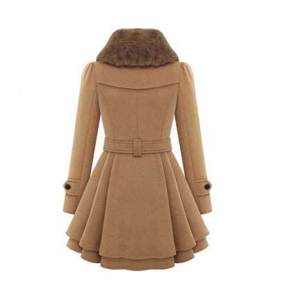 Women's Double Breasted Flared Coat With Faux Fur Collar