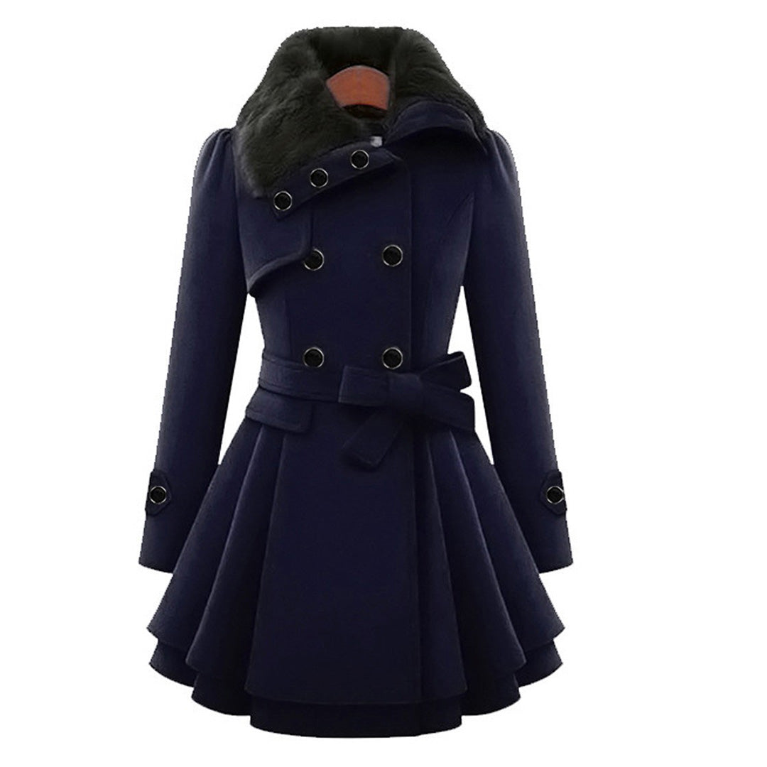 Women's Double Breasted Flared Coat With Faux Fur Collar
