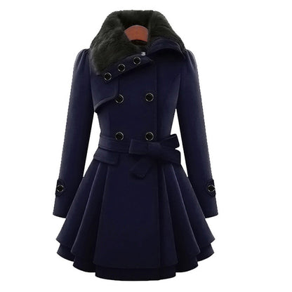 Women's Double Breasted Flared Coat With Faux Fur Collar
