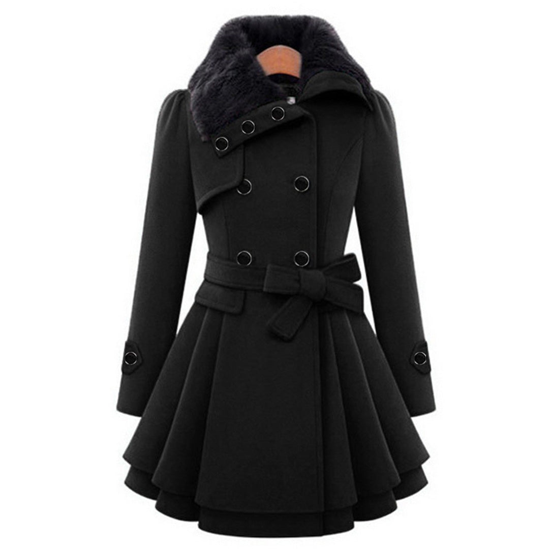 Women's Double Breasted Flared Coat With Faux Fur Collar