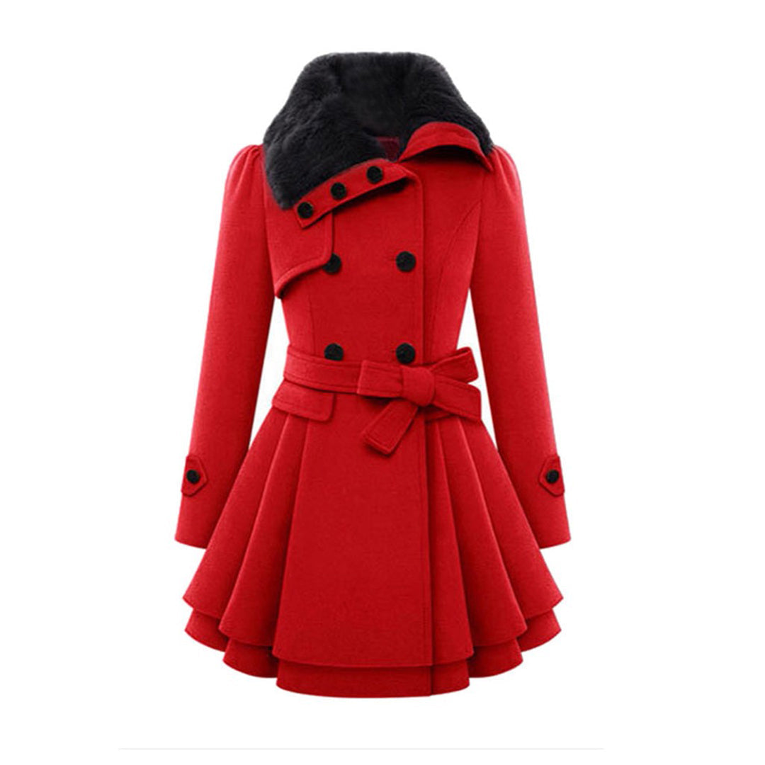 Women's Double Breasted Flared Coat With Faux Fur Collar