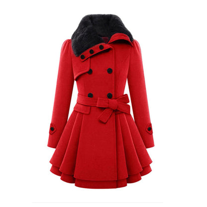Women's Double Breasted Flared Coat With Faux Fur Collar