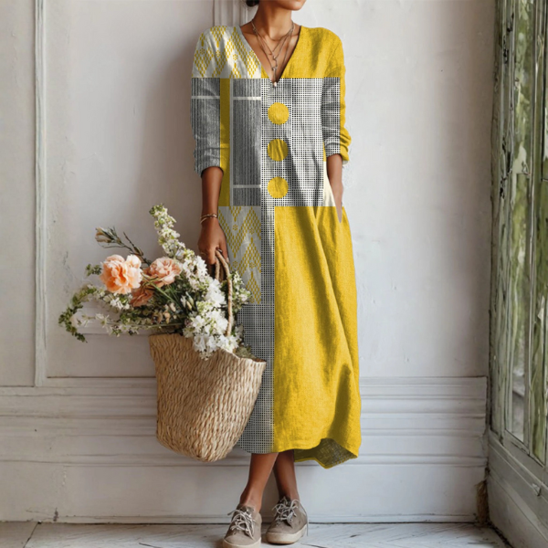 Floral Print V Neck Maxi Dress With Long Sleeves