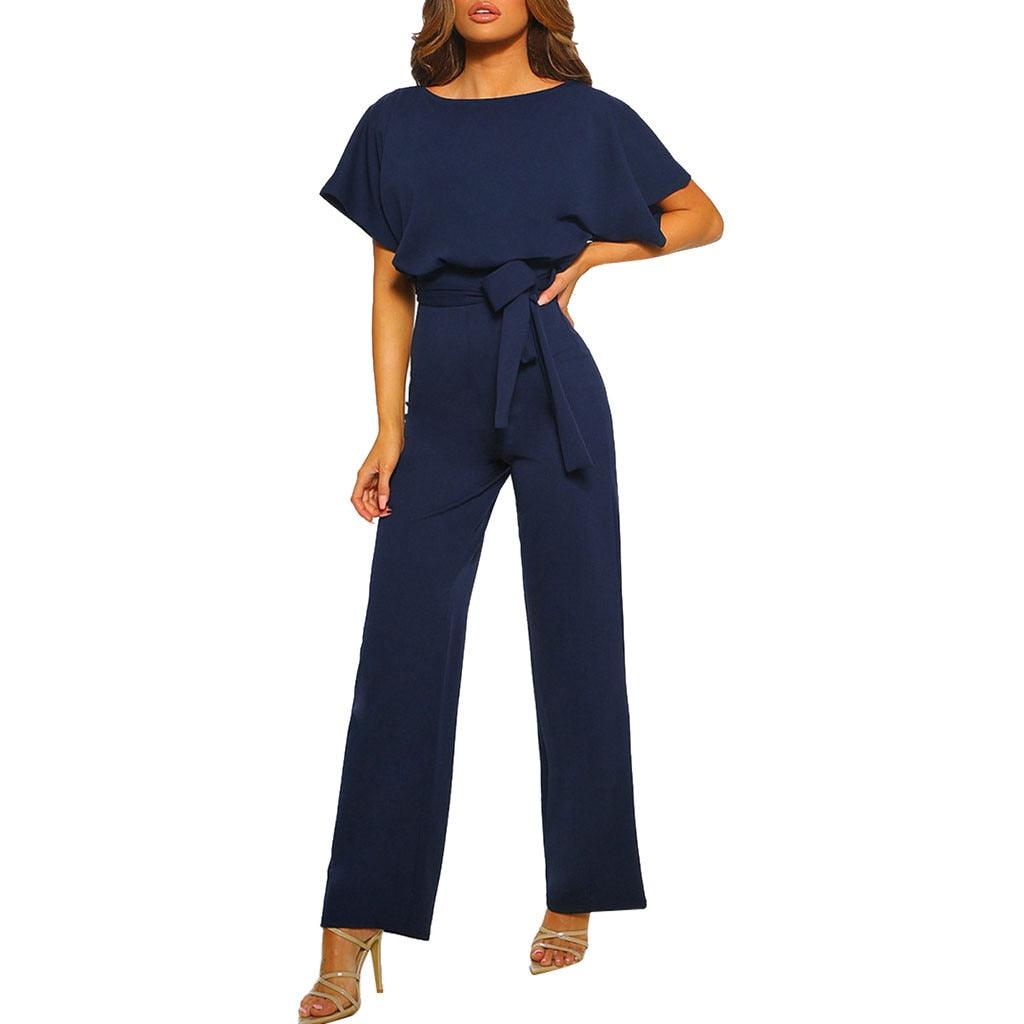 Women's Belted Wide Leg Jumpsuit With Short Sleeves