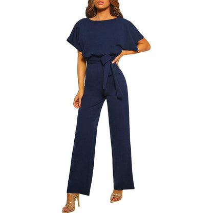 Women's Belted Wide Leg Jumpsuit With Short Sleeves