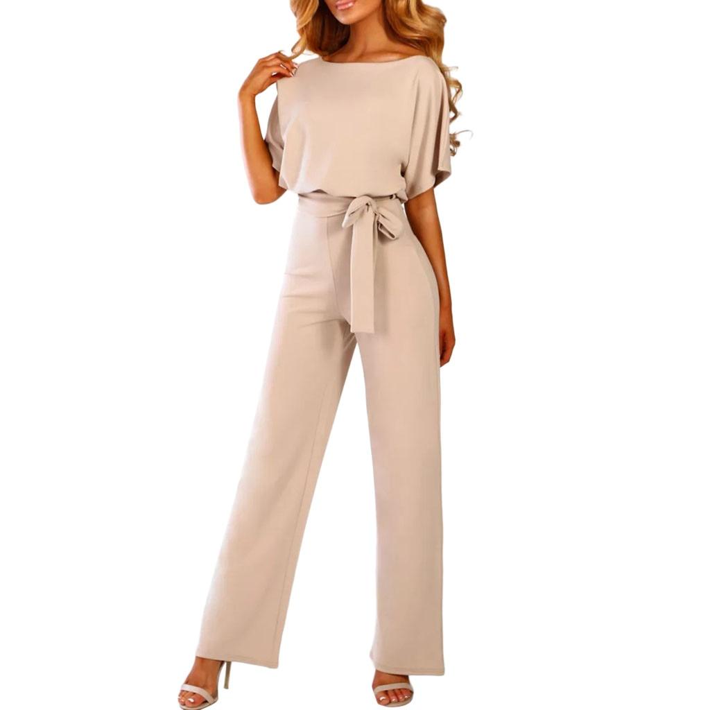 Women's Belted Wide Leg Jumpsuit With Short Sleeves