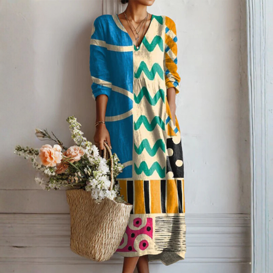 Abstract Geometric Print V Neck Maxi Dress