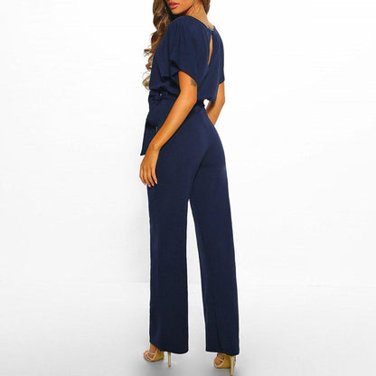 Women's Belted Wide Leg Jumpsuit With Short Sleeves