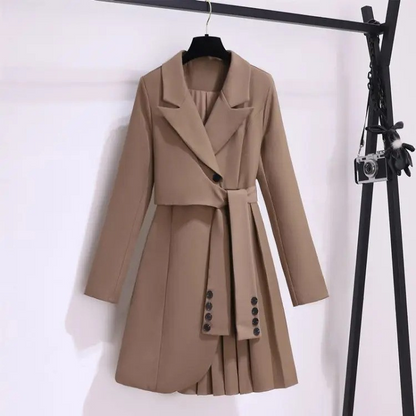 Women's Belted Blazer Coat With Pleated Hem