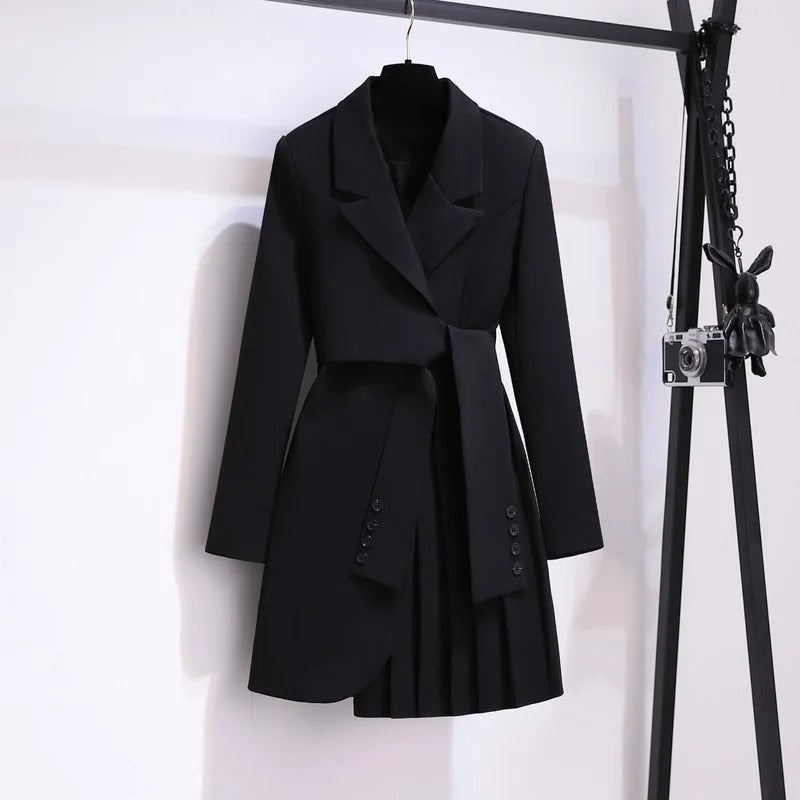 Women's Belted Blazer Coat With Pleated Hem